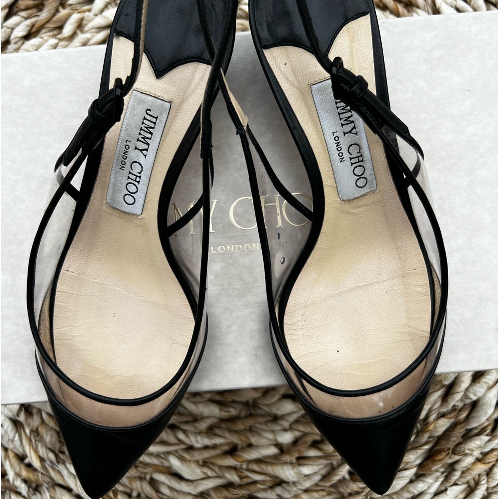 Jimmy Choo Erin Black Leather Slingback Sandals Pointed Toe